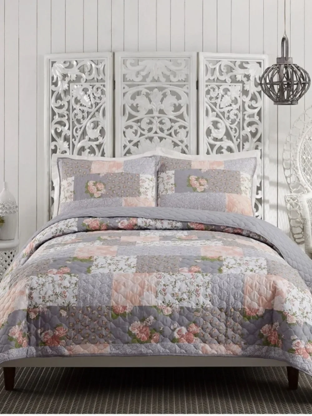Cottage Floral Patchwork Gray Pink Printed King Quilt Set English Garden